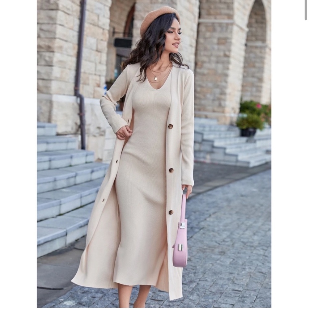 Size Large cream 2 Piece Set: Knit MIDI Pencil Dress and Long Cardigan w/Buttons